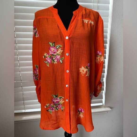 Anthropologie Fig & Flower Boho Peasant Blouse L Floral Embroidered Lightweight - Picture 5 of 12